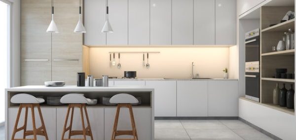 3d Rendering White Modern Design Kitchen With Lamp