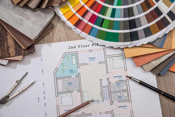 House Plan With Palette Of Colors And Wooden Sampler.