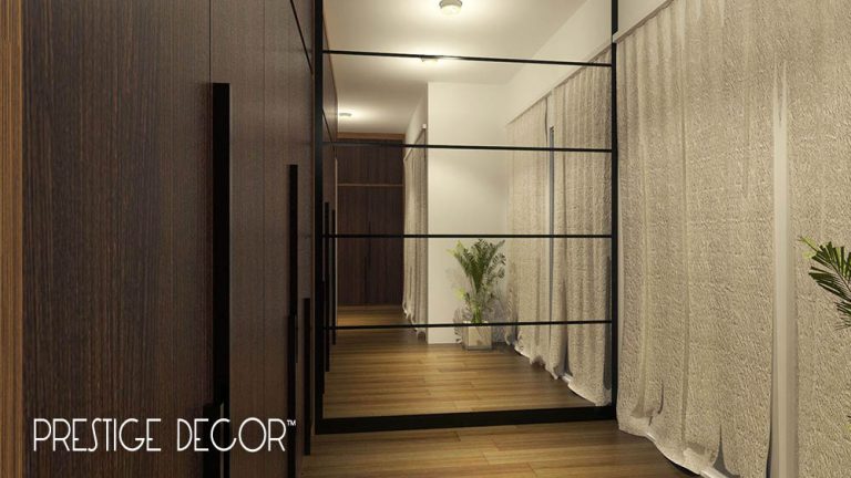 Fitting Room With Wooden Wardrobe Clothes And Wall Mirror Paneling