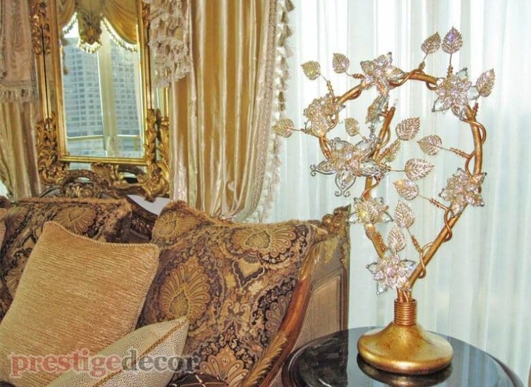 Custom silk curtains and matching Swarovski crystal lamp exclusively from Prestige Decor