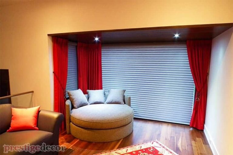 Red Curtains with remote control blinds in Toronto.