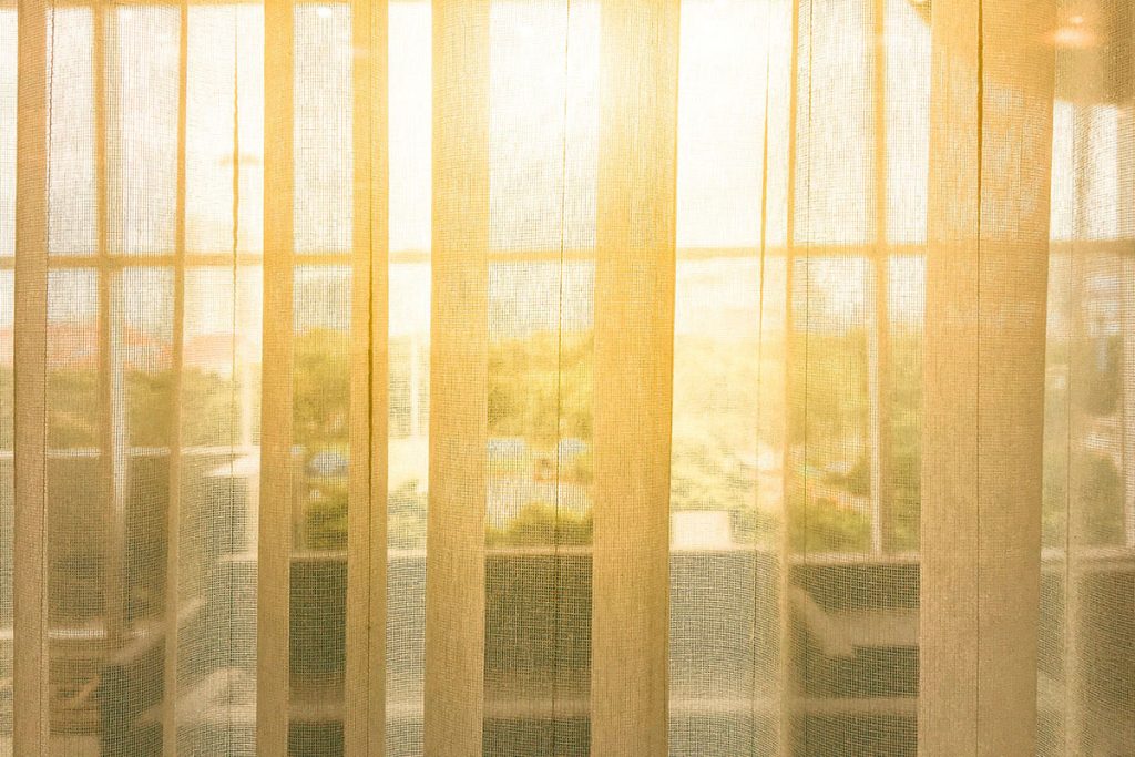 Morning light through the blinds in his office overlooking nature.